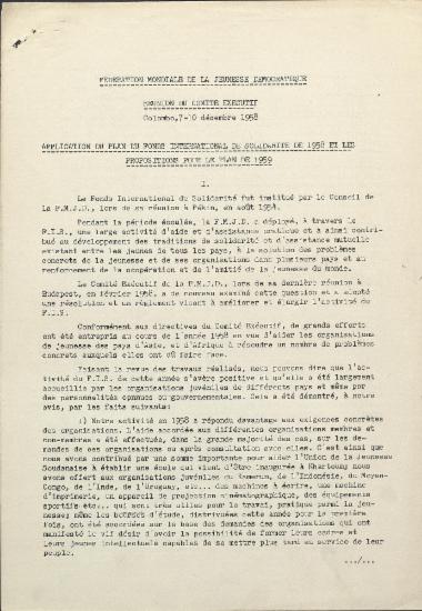 Application du plan du fonds international de solidarite de 1958 et les propositions pour le plan de 1959