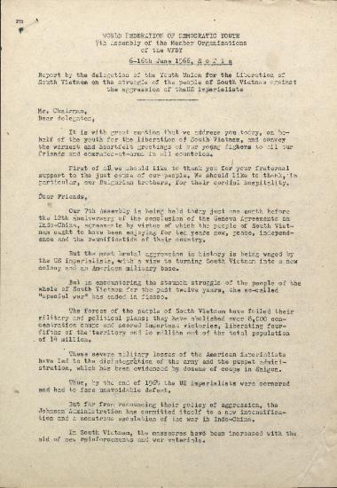 Report by the delegation of the Youth Union for the Liberation of South Vietnam on the struggle of the people of South Vietnam against the aggression of the US imperialists