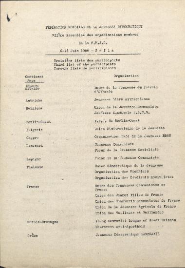 Federation Mondiale de la Jeunesse Democratique VIIeme Assemblee des organisations membres de la FMJD 6-16 Juin 1966 - Sofia, Troisieme liste des participants