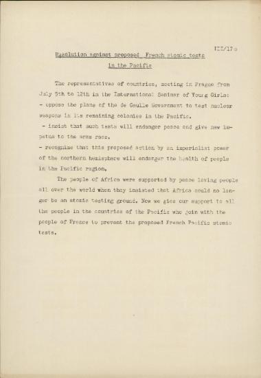 Resolution against proposed French atomic tests in the Pacific