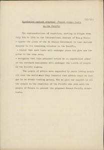 Resolution against proposed French atomic tests in the Pacific