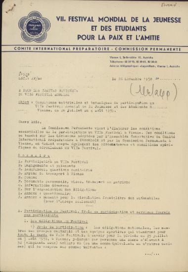 Conditions materielles et techniques de participation au VIIe Festival Mondial de la Jeunesse et des Etudiants a Vienne, du 26 juillet au 4 aout 1959