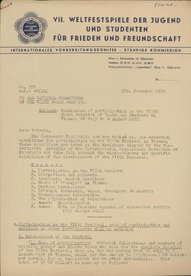 Conditions of participation in the VIIth World Festival of Youth and Students in Vienna, 26 July to 4 August 1959