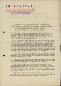 Resolution du Comite International Preparatoire du IXe Festival Mondial de la Jeunesse et des Etudiants pour la Solidarite, la Paix et l Amitie