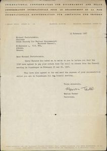 Επιστολή προς τη Διεθνή Συνομοσπονδία για τον αφοπλισμό και την ειρήνη προς τον Μιχάλη Περιστεράκη