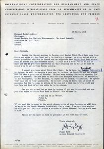 Επιστολή της Διεθνούς Συνομοσπονδίας για τον αφοπλισμό και την ειρήνη προς τον Μιχάλη Περιστεράκη