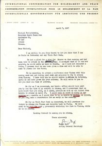 Επιστολή της Διεθνούς Συνομοσπονδίας για τον αφοπλισμό και την ειρήνη