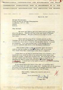 Επιστολή της Διεθνούς Συνομοσπονδίας για τον αφοπλισμό και την ειρήνη