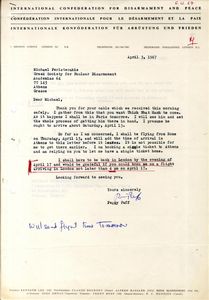 Επιστολή της Διεθνούς Συνομοσπονδίας για τον αφοπλισμό και την ειρήνη προς τον Μιχάλη Περιστεράκη