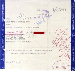 Τηλεγράφημα της Marianne Joergensen προς τον Μιχάλη Περιστεράκη