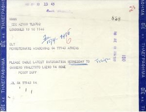 Τηλεγράφημα της Peggy Duff προς τον Μιχάλη Περιστεράκη