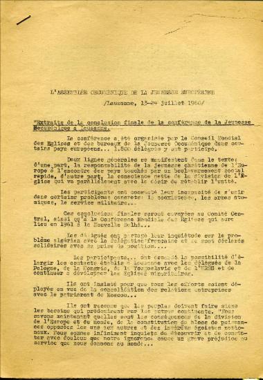 L Assemblee Oecumenique de la Jeunesse Europeenne, Lausanne 13-24 juillet 1960