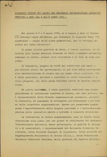 Documento finale dei lavori del Seminario Internazionale Adriatico tenutosi a Bari dal 6 all 8 Marzo 1959
