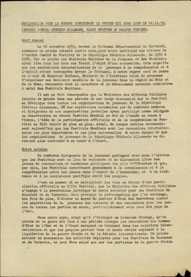 Declaration pour la presse concernant le proces qui aura lieu le 26.11.1959,intente contre Gunther Hillmann,Klaus Steffen et Walter Fischer
