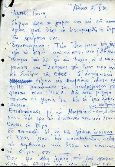 Επιστολή του Νίκου Μπανιά προς τον Γιάννη Παπασπύρου