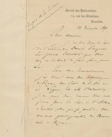 Επιστολή του van den Gheyn :  Βρυξέλλες, προς τον Μανουήλ Γεδεών, (χ.τ.) :  [χειρόγρ.],  1896 Δεκέμβριος 10.
