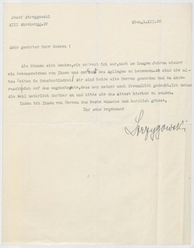 Επιστολή του Josef Strzygowski :  Βιέννη, προς τον Μανουήλ Γεδεών  [δακτυλ.]  1936 Δεκέμβριος 1