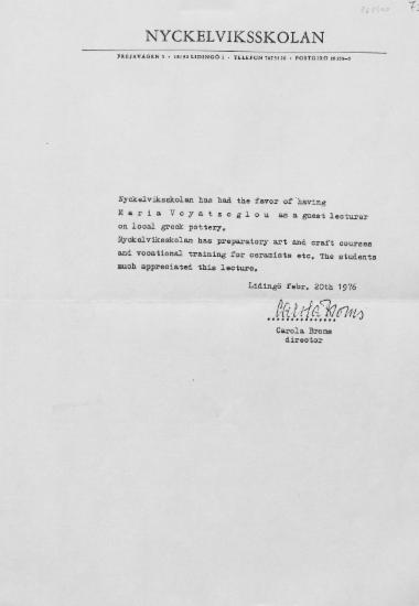 Επιστολή της Carola Lilly Broms : Lidingö [δακτ.] 1976 Φεβρουάριος 20.