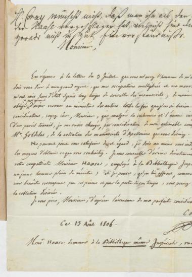 Επιστολή του Αδαμάντιου Κοραή :  Παρίσι, προς τον Johann August Gottlob Weigel, Λειψία :  [χειρόγρ.],  1806 Αύγουστος 13
