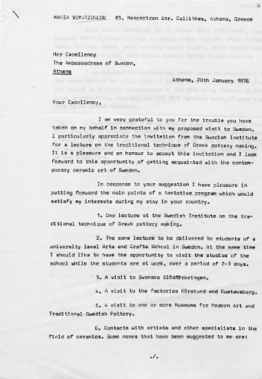 Επιστολή της Μαρίας Βογιατζόγλου :  Αθήνα, στην πρέσβη της Σουηδίας, Αθήνα  [δακτυλόγραφο]  1976 Ιανουάριος 28.