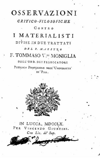 Osservazioni critico-filosofiche contro i materialisti Divise in due trattati /  del P. maestro F. Tommaso V.zo Moniglia ...
