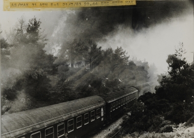 A train passing through the flames