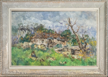 Αγροτόσπιτο και γυναίκα με πρόβατα