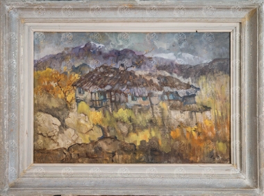 Χωριατόσπιτο σε θάμνους,δέντρα,φόντο ψηλά βουνά