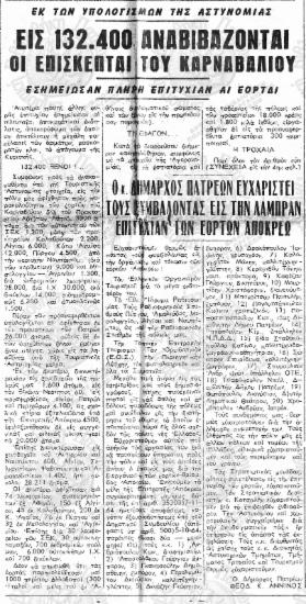 Εκ των υπολογισμών της Αστυνομίας εις 132.400 αναβιβάζονται οι επισκέπται του Καρναβαλιού.Ο κ. Δήμαρχος Πατρέων ευχαριστεί τους συμβάλοντας εις την λαμπράν επιτυχίαν των εορών Απόκρεω