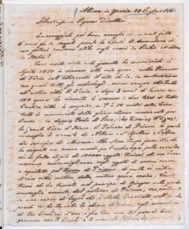 Copy of letter by Schliemann, Heinrich to Fiorelli, Giuseppe, 1873