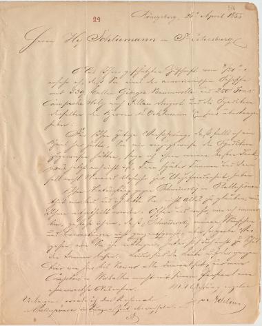 Letter sent by Adelson, Jacob to Schliemann, Heinrich, 1855