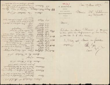 Letter sent by Beaurain, Polynice to Schliemann, Heinrich, 1872