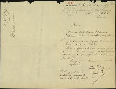 Letter sent by Beaurain, Polynice to Schliemann, Heinrich, 1879