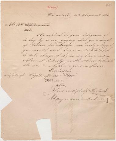 Letter sent by Maynard & Fishwicks to Schliemann, Heinrich, 1860
