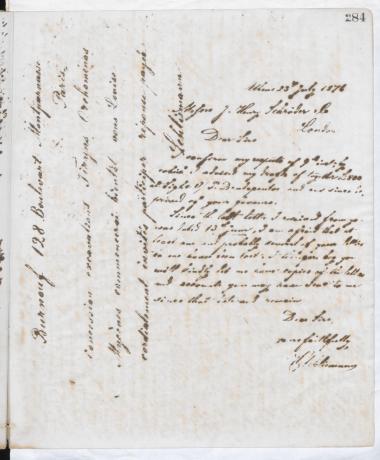Copy of letter by Schliemann, Heinrich to Schröder, Henry J. & Co. 1876