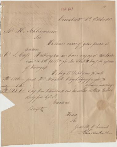 Letter sent by Booker, John & Son to Schliemann, Heinrich, 1853