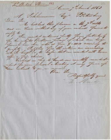 Letter sent by Meert, Edmund & Co. to Schliemann, Heinrich, 1863