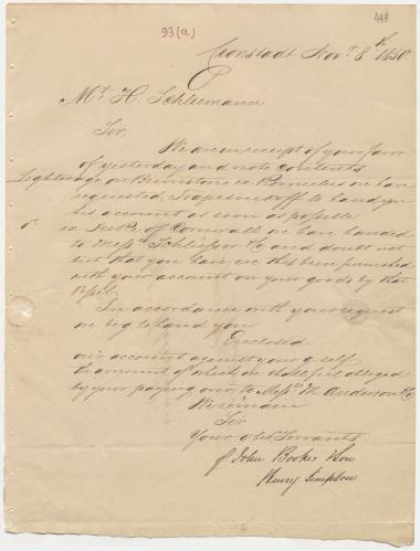 Letter sent by Booker, John & Son to Schliemann, Heinrich, 1850
