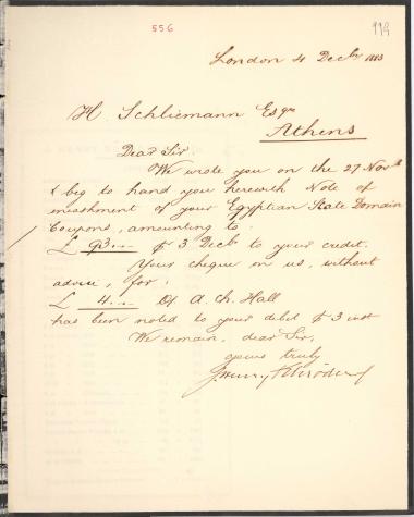 Letter sent by Schröder, Henry J. & Co. to Schliemann, Heinrich, 1883