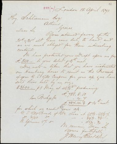 Letter sent by Schröder, Henry J. & Co. to Schliemann, Heinrich, 1871