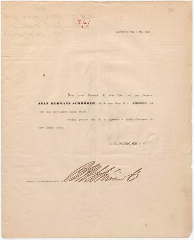 Letter sent by Schröder, B. H. & Co. to Schliemann, Heinrich, 1862