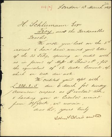 Letter sent by Schröder, Henry J. & Co. to Schliemann, Heinrich, 1879