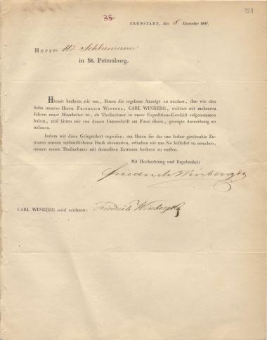 Letter sent by Winberg, Friedrich & Co. to Schliemann, Heinrich, 1847