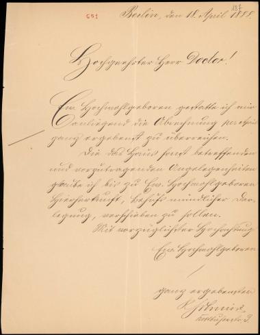 Letter sent by Schmidt, R. to Schliemann, Heinrich, 1888