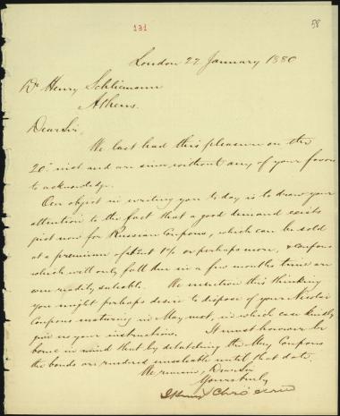 Letter sent by Schröder, Henry J. & Co. to Schliemann, Heinrich, 1880