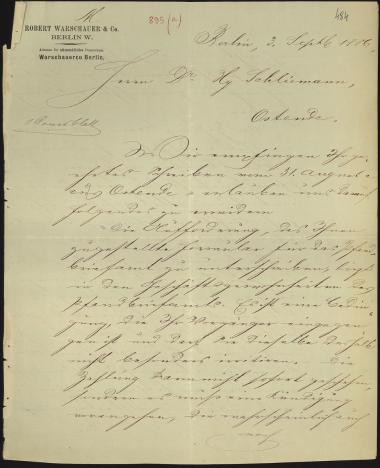 Letter sent by Warschauer, Robert & Co. to Schliemann, Heinrich, 1886