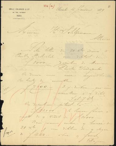 Letter sent by Erlanger, Émile & Cie. to Schliemann, Heinrich, 1879
