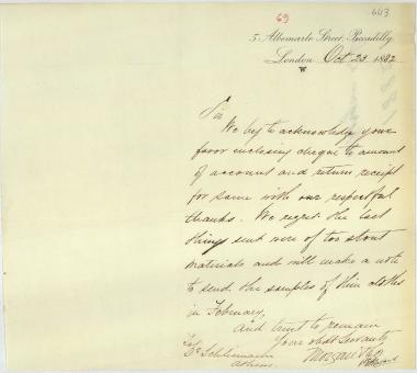 Letter sent by Morgan, J. & Co. to Schliemann, Heinrich, 1882