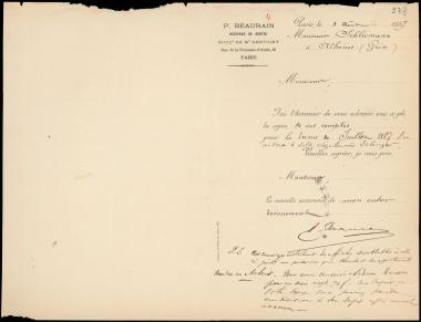 Letter sent by Beaurain, Polynice to Schliemann, Heinrich, 1887
