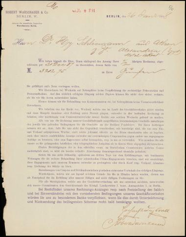 Letter sent by Warschauer, Robert & Co. to Schliemann, Heinrich, 1888